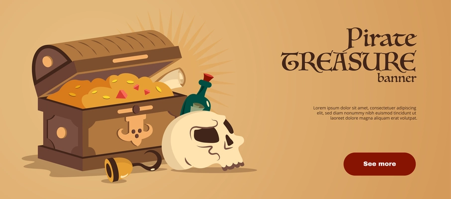 Pirate treasure horizontal banner wooden chest full of gold coins and skull icons flat vector illustration