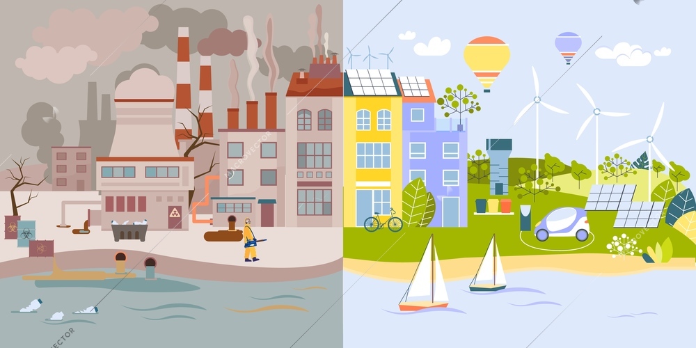 Environmental protection flat set of two compositions with polluted factory scenery vs clean eco city landscape vector illustration