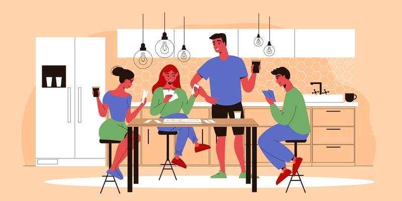 Board games family composition with characters of young family members sitting at kitchen table playing game vector illustration