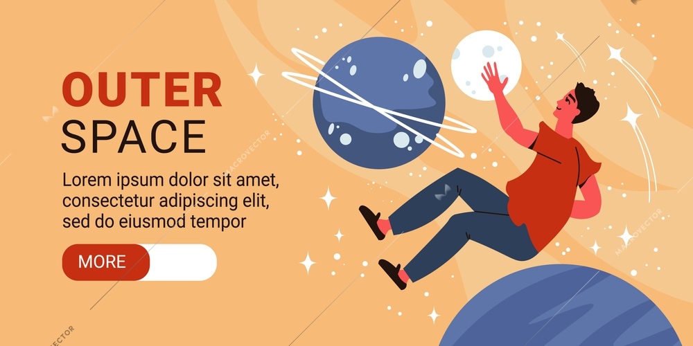 Space horizontal banner with editable text more button and doodle guy floating in space with planet vector illustration