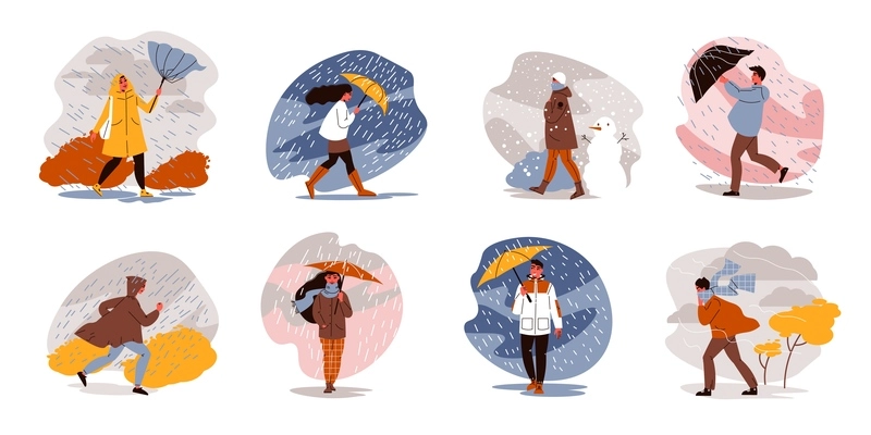 People walking with umbrellas weather set of isolated compositions with rainy landscapes and doodle human characters vector illustration