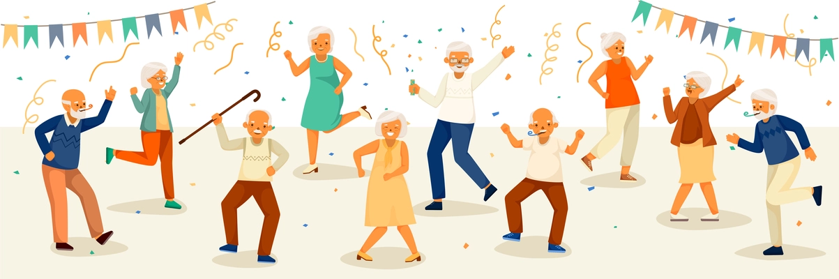 Cartoon colored elderly people happy life composition with confetti party for adult women and men vector illustration