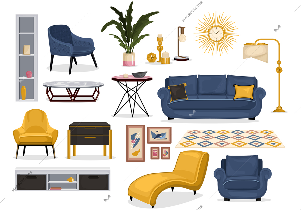 Set of isolated furniture interior decor icons with images of soft furniture with tables and carpet vector illustration