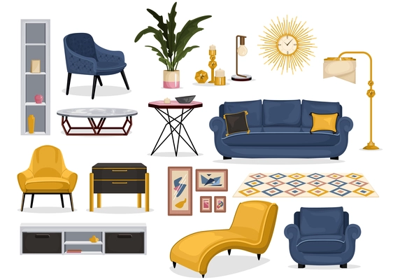 Set of isolated furniture interior decor icons with images of soft furniture with tables and carpet vector illustration