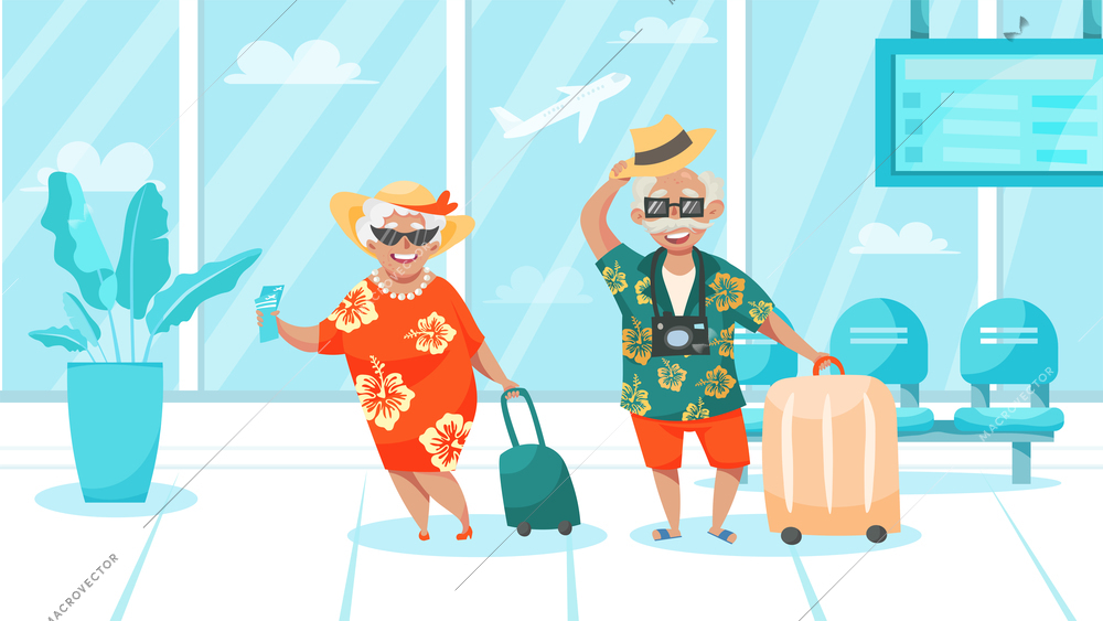 Happy laughing traveling elderly couple with luggage in hawaiian style clothes in airport cartoon composition vector illustration