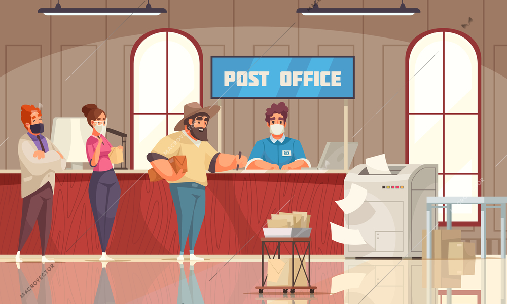 Post office interior cartoon composition  customers queue waiting for counter clerk accepting payments letters parcels vector illustration
