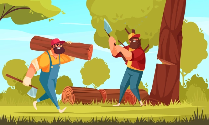 Two lumberjacks in forest chopping down trees with axes and piling logs on grass cartoon vector illustration