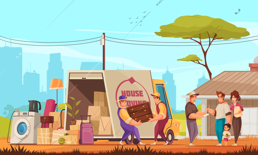 Family moving into new house outdoor cartoon composition with furniture belongings truck unloading cityscape background vector illustration