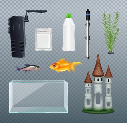 Realistic set with two fish equipment and decoration for aquarium isolated on transparent background vector illustration