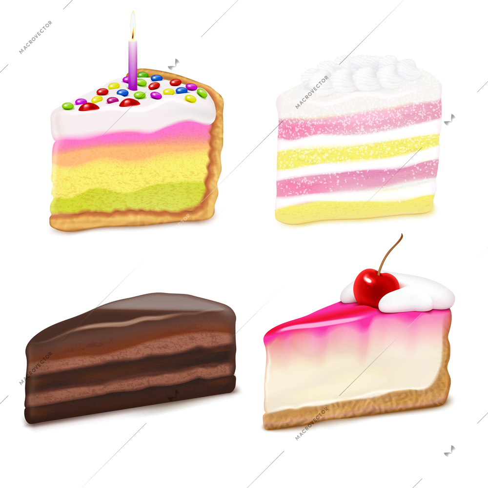 Realistic set with four pieces of chocolate berry cream birthday cakes 2x2 design concept isolated vector illustration