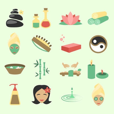 Spa salon wellness beauty care products icons set isolated vector illustration