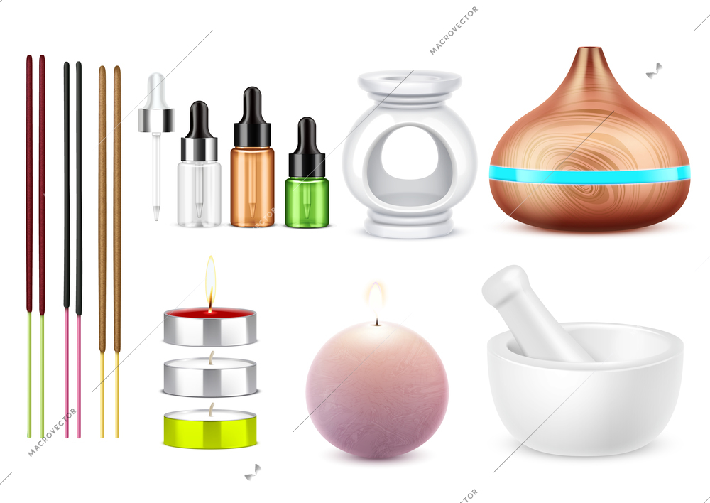 Aromatherapy set with realistic bottles of essential oil burning candles mortar aroma lamp burner and colorful joss sticks isolated vector illustration