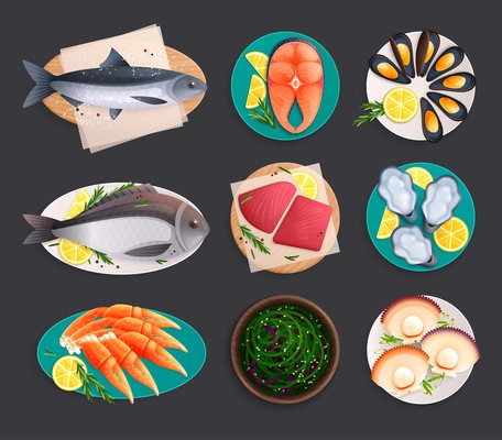 Set of isolated seafood flat icons with images of served dishes with lemon slices and fish vector illustration