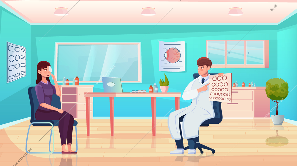 Vision test flat composition with ophthalmologist checking patient sight in cabinet vector illustration