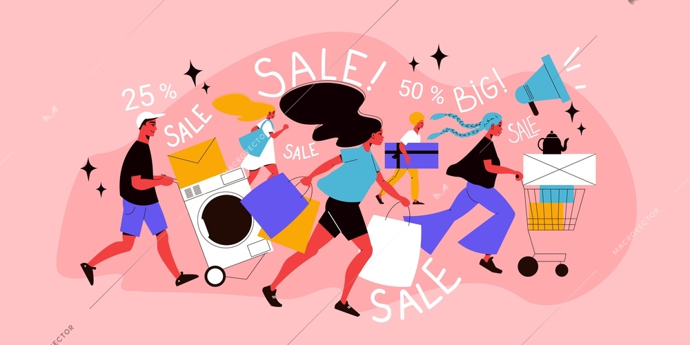 Super sale flat composition with percent discounts and people running with shopping bags vector illustration