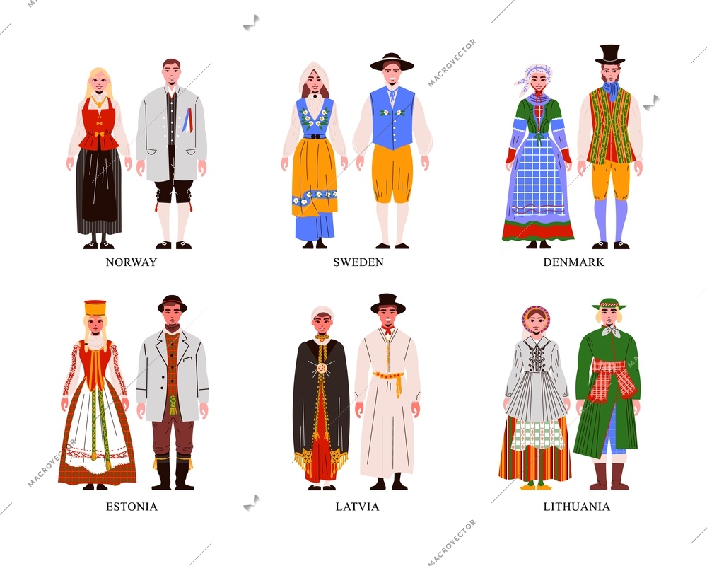 Flat set with women and men wearing different european national costume isolated on white background vector illustration