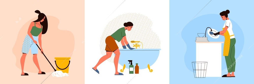 Flat cleaning up design concept with three women mopping floor washing bath and dishes isolated vector illustration