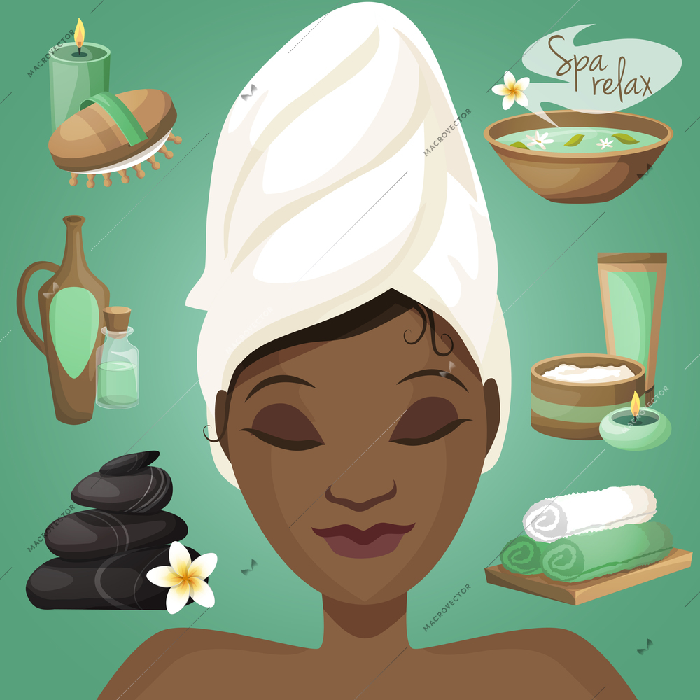 Spa healthcare salon wellness icons with beautiful black woman face vector illustration