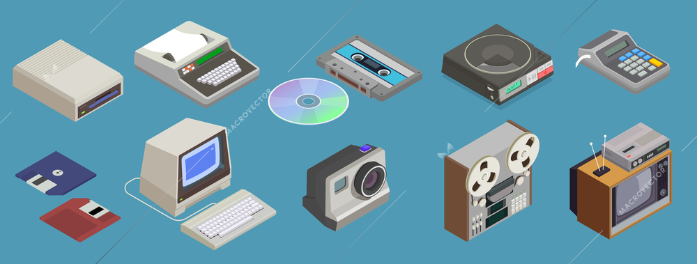 Set with isometric icons of retro devices with isolated images of tv sets tape and computers vector illustration
