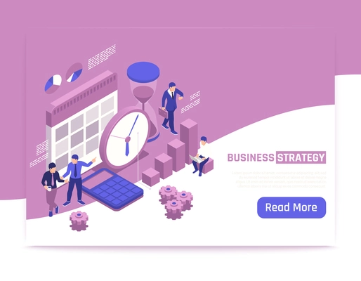 Business strategy isometric banner with creative people discussing business development plans vector illustration