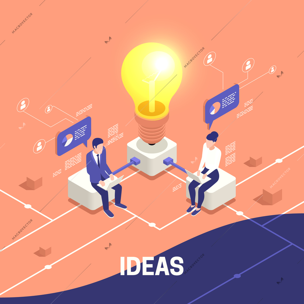 Isometric business concept with creative man and woman working behind computers connected to glowing light bulb generating  idea vector illustration