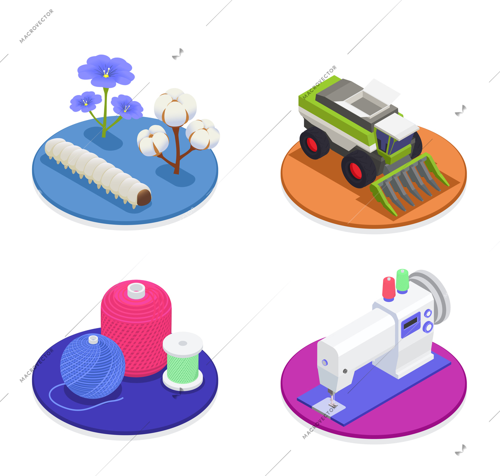 Textile and spinning industry 2x2 design concept with harvesting machinery cotton and flax flowers cotton and wool threads sewing machine isometric compositions vector illustration