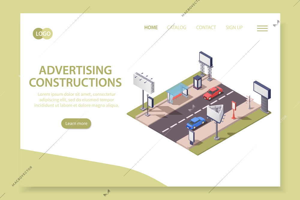 Isometric web site landing page with city advertising constructions 3d vector illustration