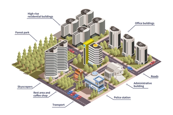 Isometric colored modern city infographics with labelled buildings police station roads forest park 3d vector illustration