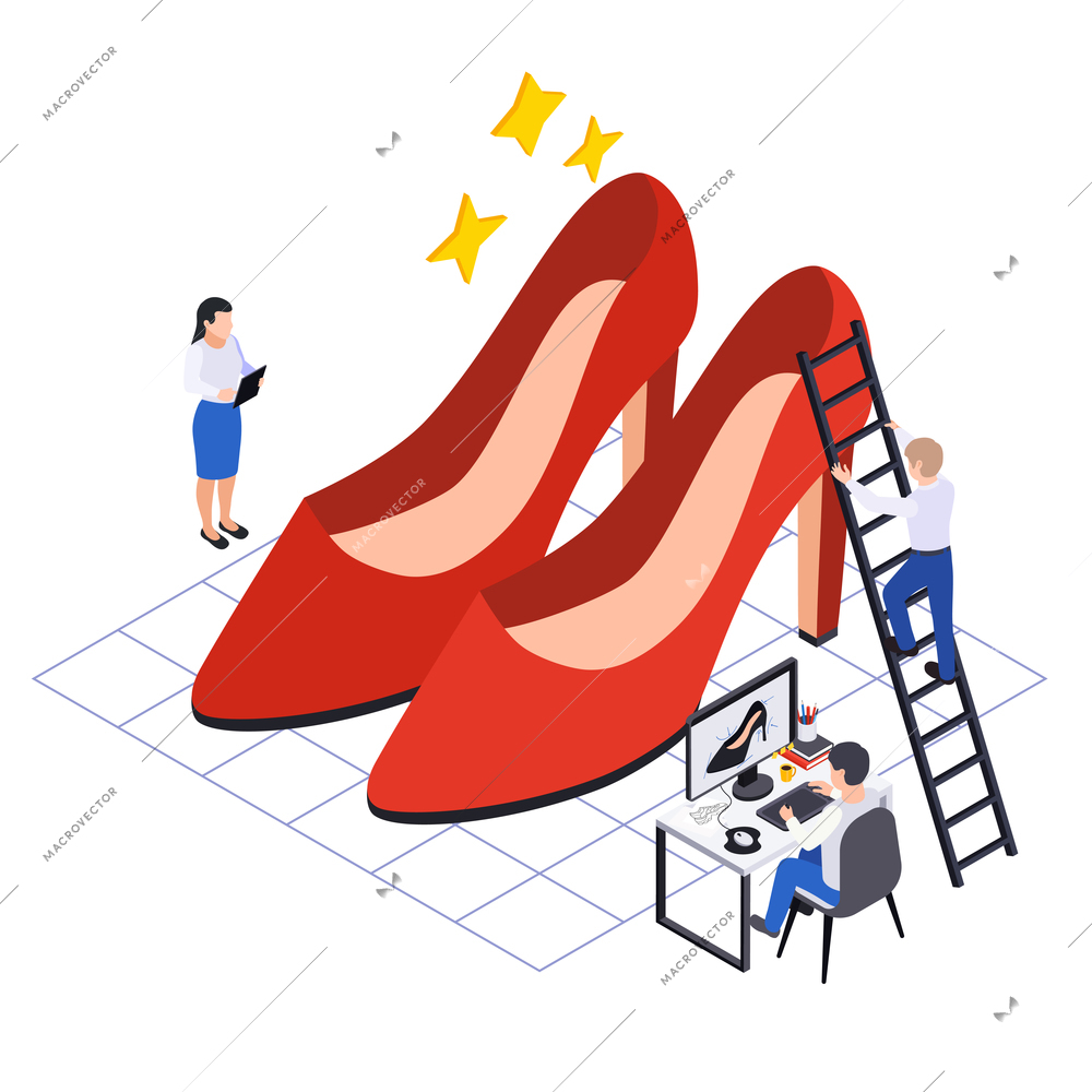 Footwear shoes production isometric composition with small human characters of shoe designers with red heeled shoes vector illustration