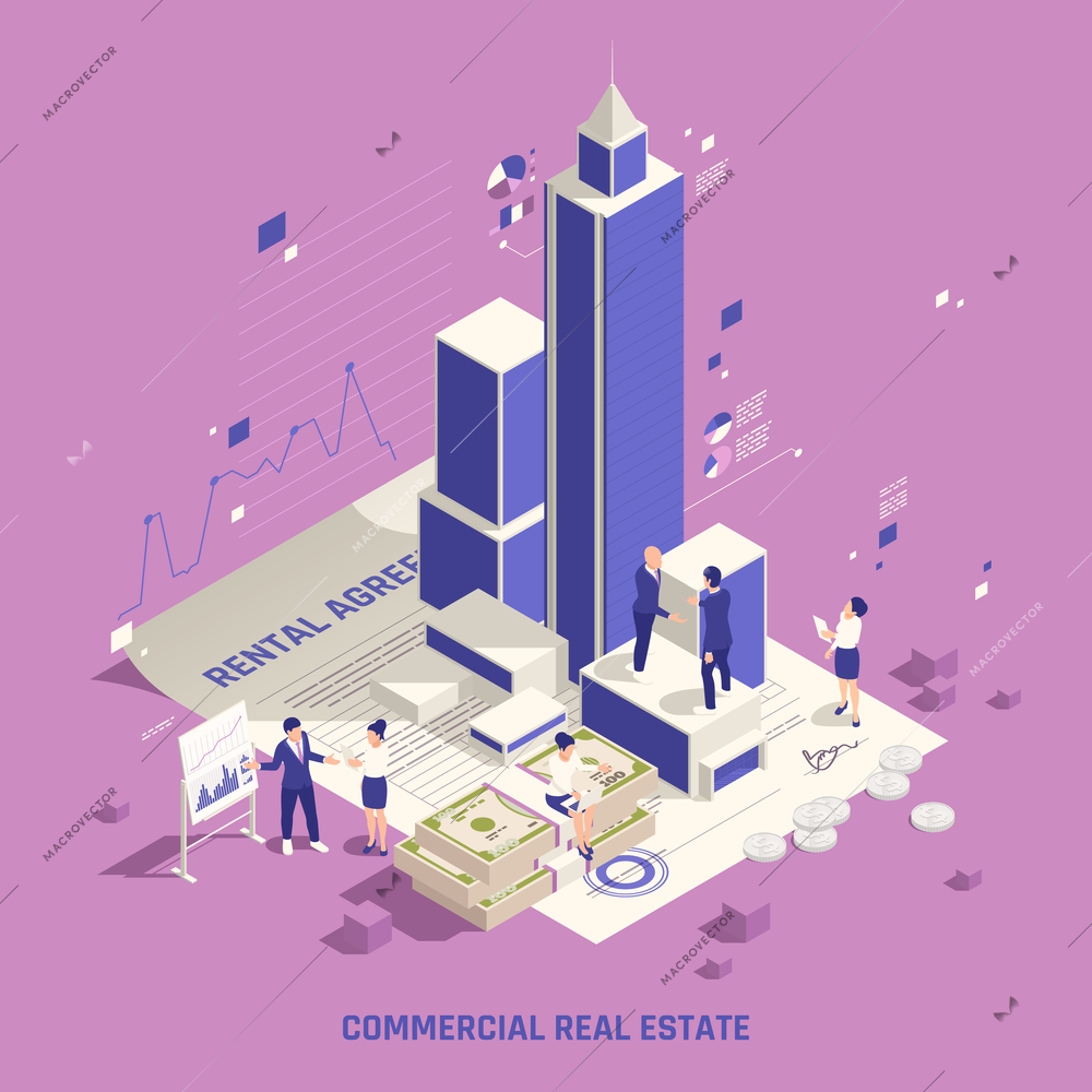 Profitable investing in real estate commercial  buildings business office edifice tower rental income isometric composition vector illustration