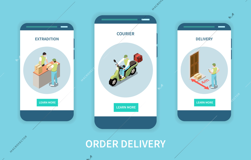 Vertical mobile website banners set with extradition of order and courier delivering parcel isometric isolated vector illustration