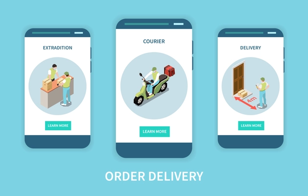 Vertical mobile website banners set with extradition of order and courier delivering parcel isometric isolated vector illustration