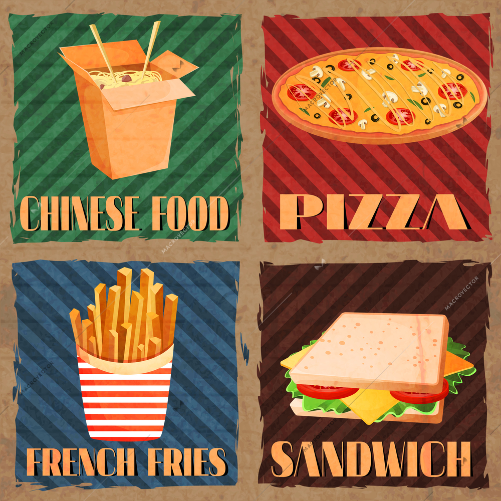 Fast junk food cards set of chinese food french fries pizza sandwich isolated vector illustration