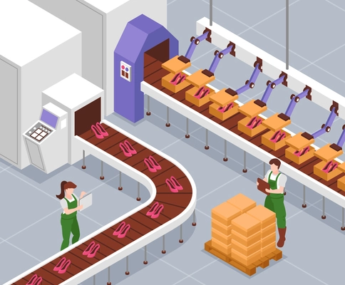 Shoes manufacturing factory with assembly line automated machinery and workers isometric vector illustration