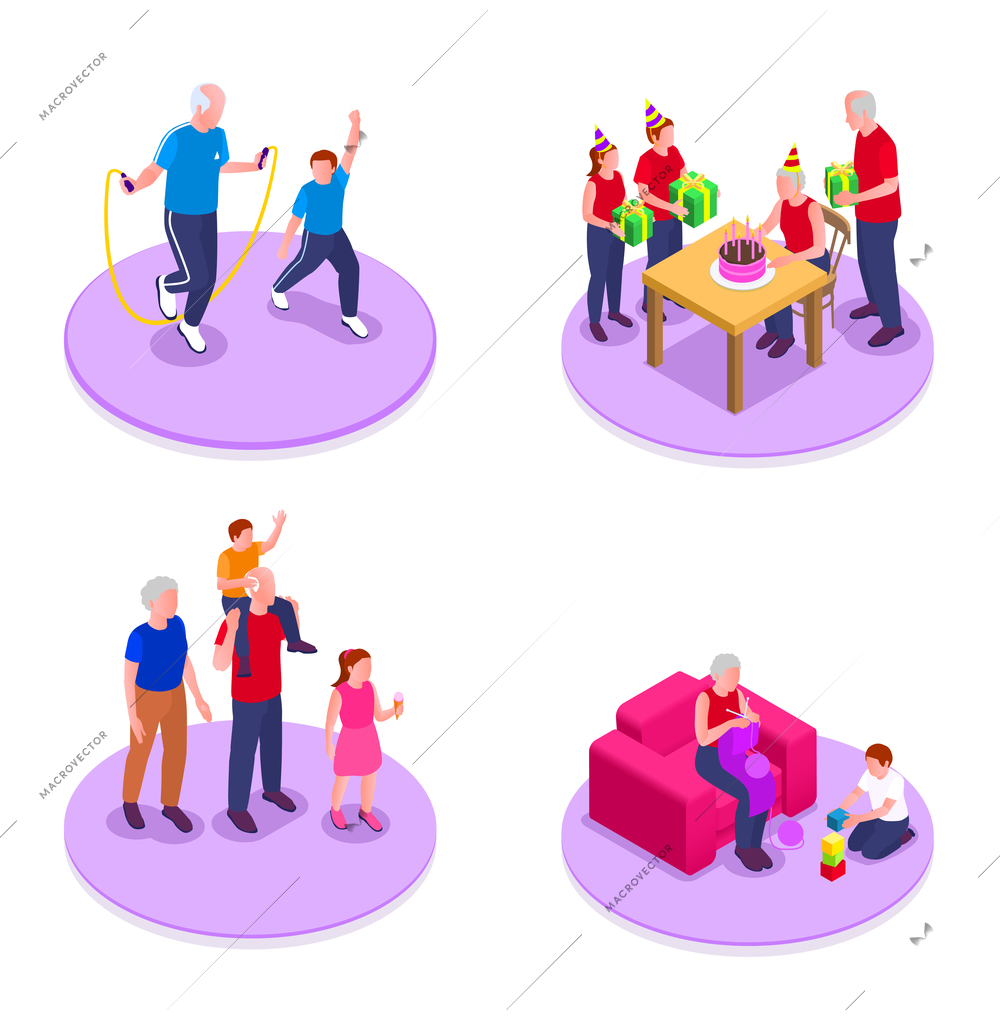 Grandparents and grandchildren isometric set with communication and activities symbols isolated vector illustration