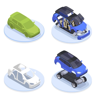 Car designer profession isometric production set with modeling symbols isolated vector illustration