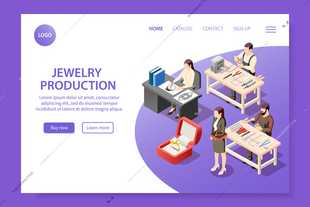 Jewelry production isometric web site landing page with jeweler characters editable text clickable buttons and links vector illustration