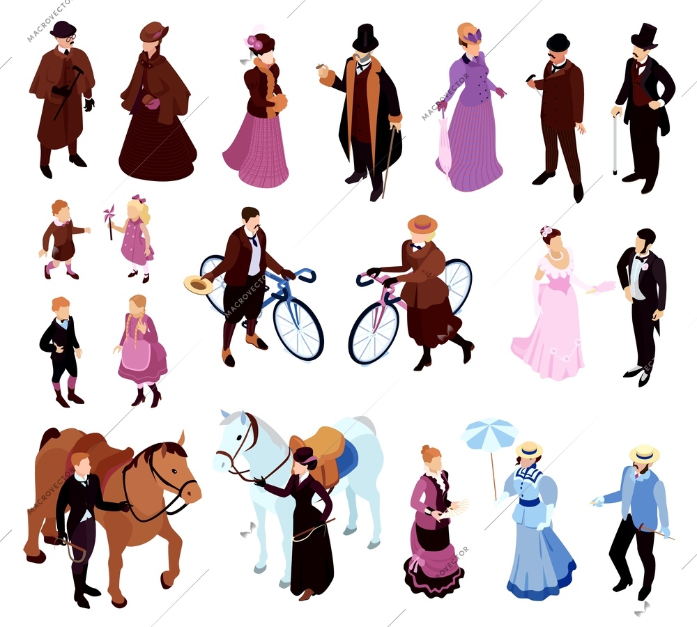 Isometric victorian lady gentlemen fashion set of isolated icons with characters of adult aristocracy and children vector illustration