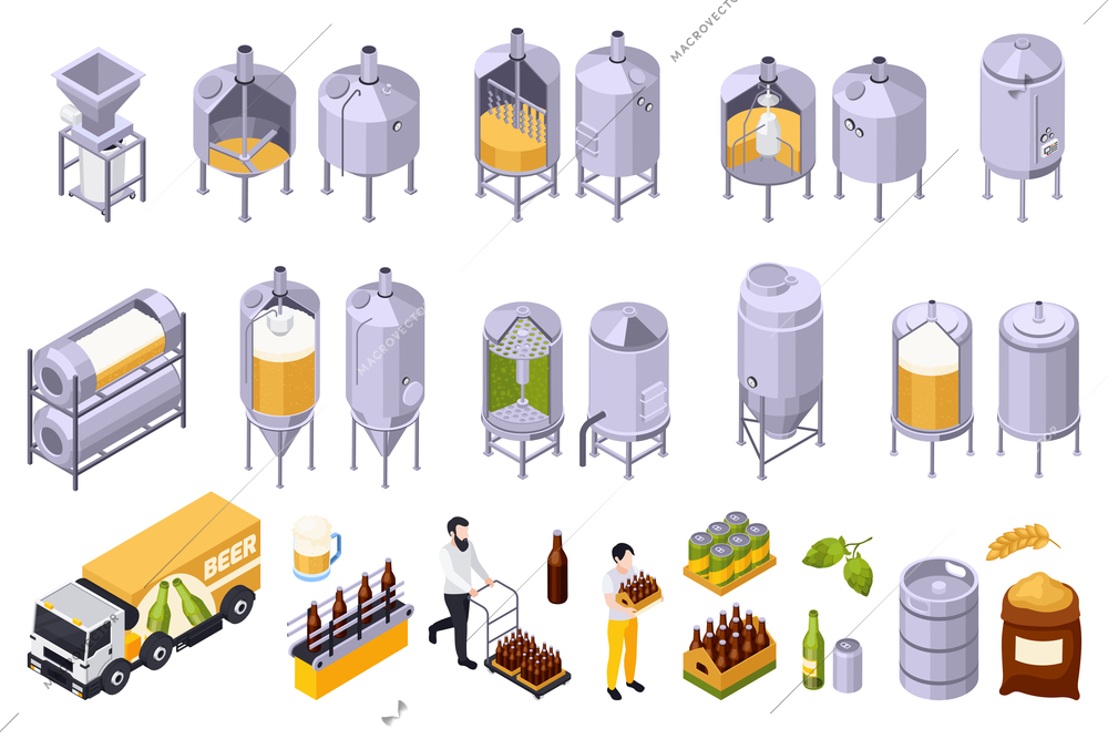 Brewery beer production isometric set of isolated icons with people moving bottle boxes and industrial jars vector illustration