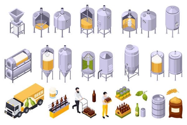 Brewery beer production isometric set of isolated icons with people moving bottle boxes and industrial jars vector illustration