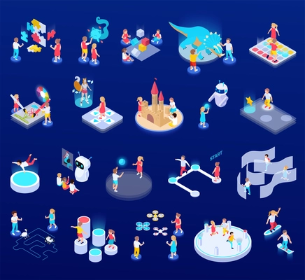 Modern futuristic playground isometric set of isolated play equipment icons with holographic panels robots and people vector illustration