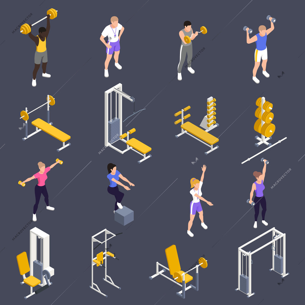 Gym workout fitness exercising people equipment isometric set with training bench dumbbells barbells black background vector illustration