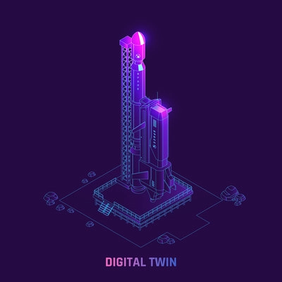 Digital twin space program simulation technology isometric background composition with spacecraft launch site purple glowing vector illustration