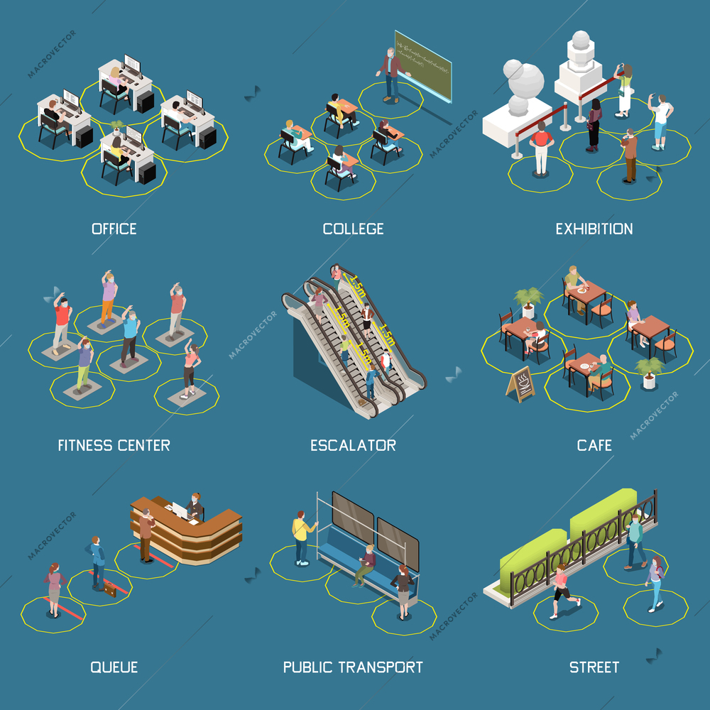 Social distancing isometric set of isolated icons with text captions and people in various public places vector illustration