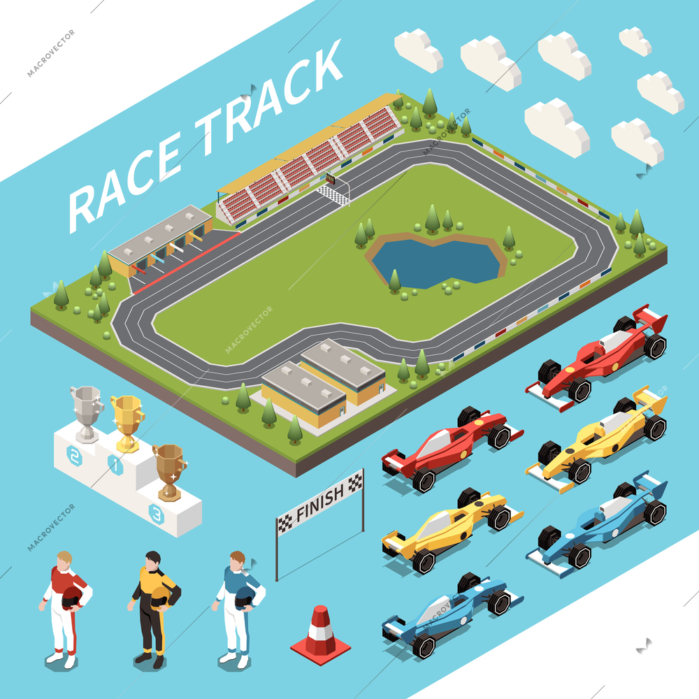 Car race isometric set of racing track area and isolated icons of awards cars and drivers vector illustration