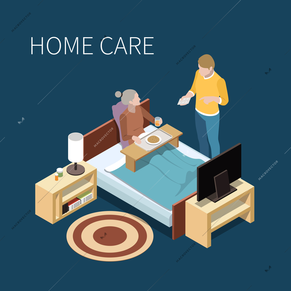 Elderly people professional social help service isometric composition with bedroom furniture tv set and human characters vector illustration