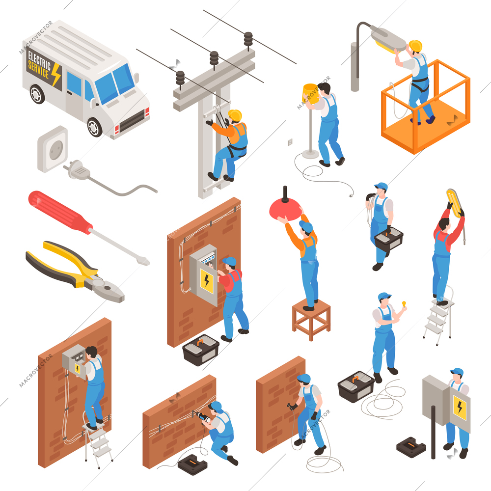 Electrician isometric icons set with maintenance and service symbols isolated vector illustration