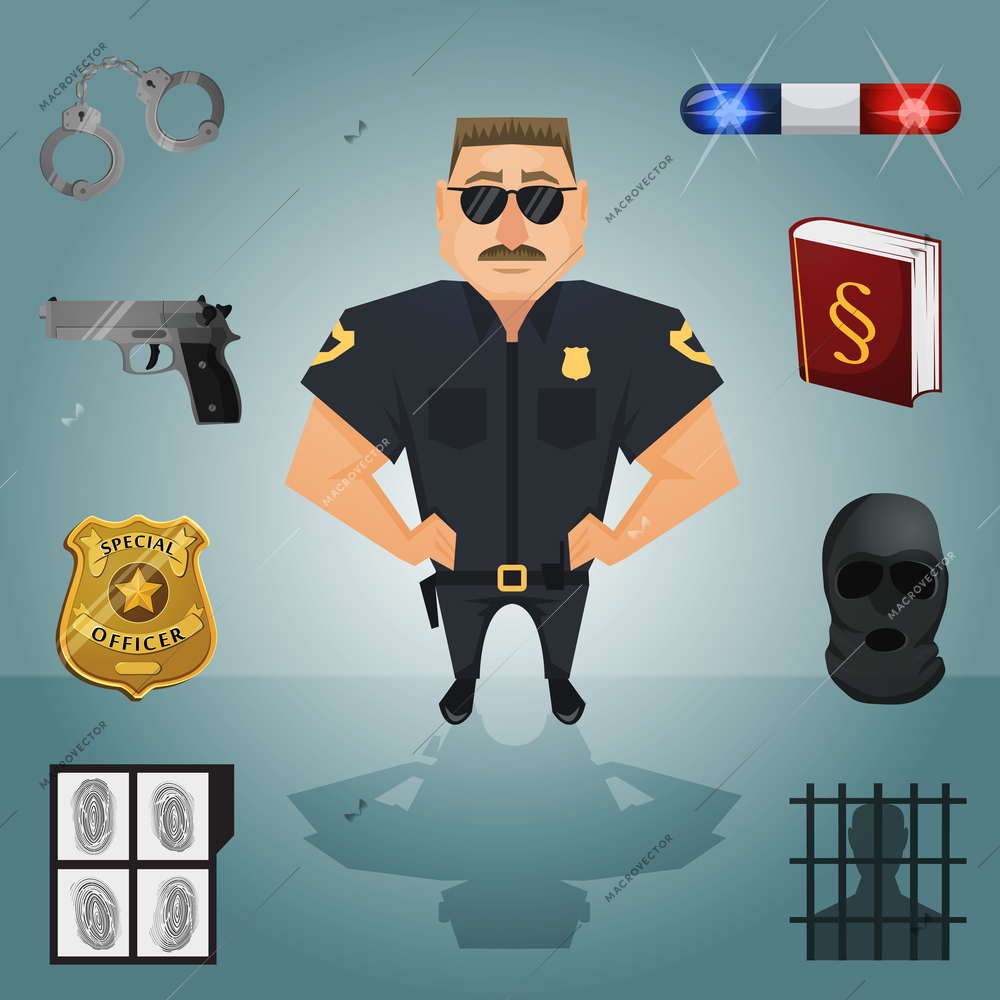 Policeman character with law and crime icons vector illustration