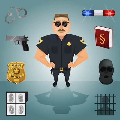 Policeman character with law and crime icons vector illustration