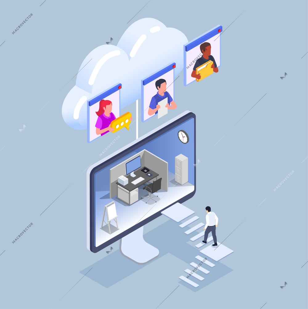 Isometric remote work and management concept with character going up stairs to office on computer screen 3d vector illustration